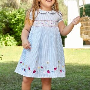 JoJo Maman Bébé Blue Strawberry Embroidered Smocked Seersucker Dress 3-4Y